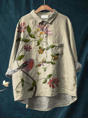Women's Vintage Ethnic Floral Bird Art Print Casual Cotton And Linen Shirt