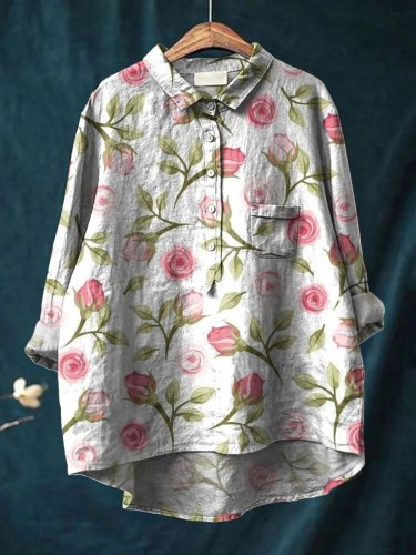 Women's  Flower Print Casual Cotton And Linen Shirt