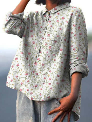 Petite Rose And Vine Repeat Pattern Printed Women's Casual Cotton And Linen Shirt