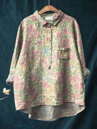 Women's Vintage Floral Art Print Casual Cotton And Linen Shirt