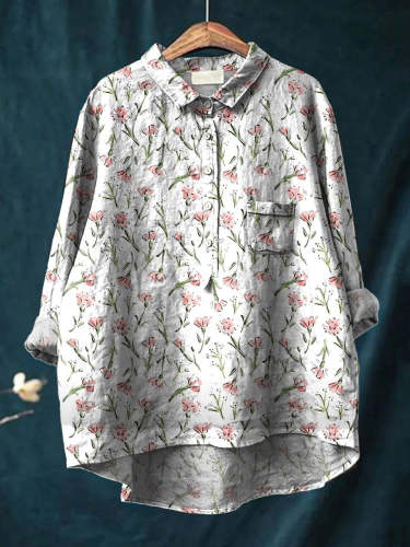Pink Spring Floral Repeat Pattern Printed Women's Casual Cotton And Linen Shirt