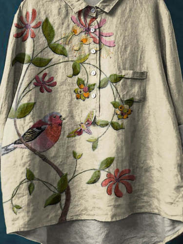Women's Vintage Ethnic Floral Bird Art Print Casual Cotton And Linen Shirt