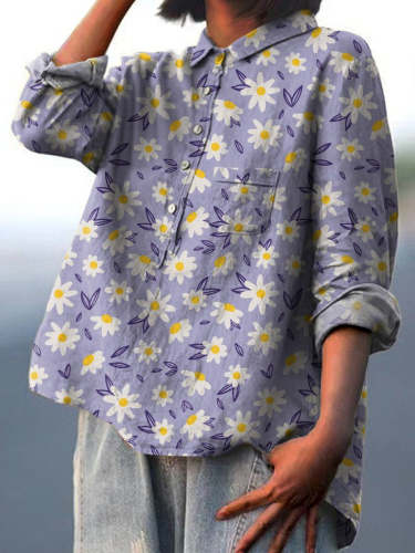 Sweet Daisy Repeat Pattern Printed Women's Casual Cotton And Linen Shirt