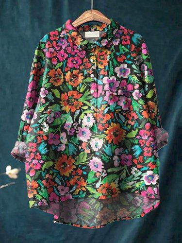 Watercolor Floral Bush Pattern Printed Women's Casual Cotton And Linen Shirt