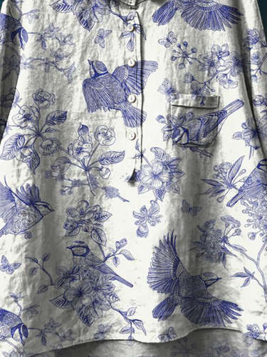 Women's Vintage Floral Birds Art Print Casual Cotton And Linen Shirt