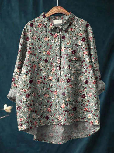 Midnight Small Spring Floral Pattern Printed Women's Casual Cotton And Linen Shirt