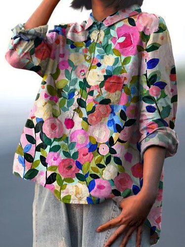 Women's Colorful Spring Floral Garden Printed Casual Cotton And Linen Shirt