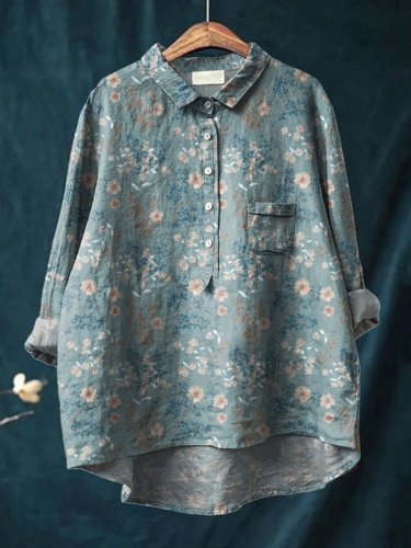 Vintage Petite White Floral Pattern Printed Women's Casual Cotton And Linen Shirt