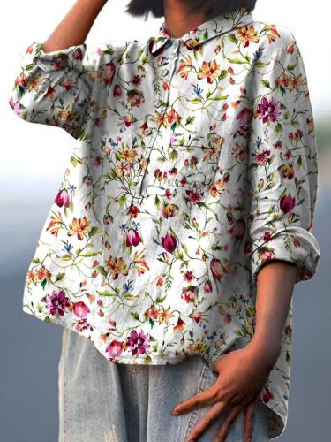 French Garden Pattern Printed Women's Casual Cotton And Linen Shirt