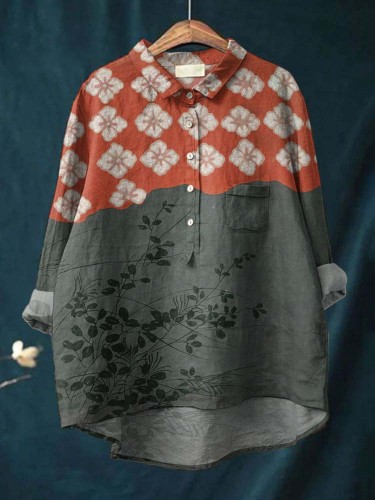 Japanese Art Flower Print Lapel Loose Linen Blend Shirt