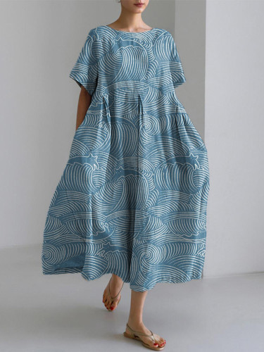 Cats & Waves Pattern Linen Blend Midi Dress
