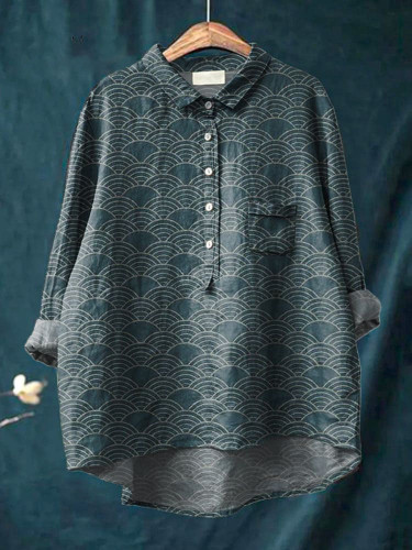 Japanese Geometric Pattern Printed Women's Casual Cotton And Linen Shirt