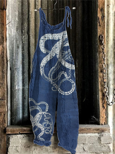 Vintage Octopus Print Linen Blend Casual Jumpsuit