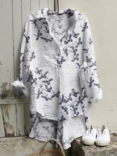 Japanese Art Crane Print Long Sleeve Casual Shirt
