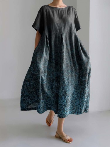 Vintage Waves Print Short Sleeve Linen Blend Maxi Dress