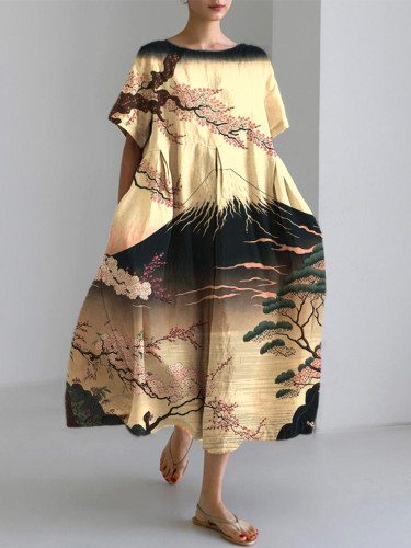 Sakura Japanese Art Linen Blend Casual Dress