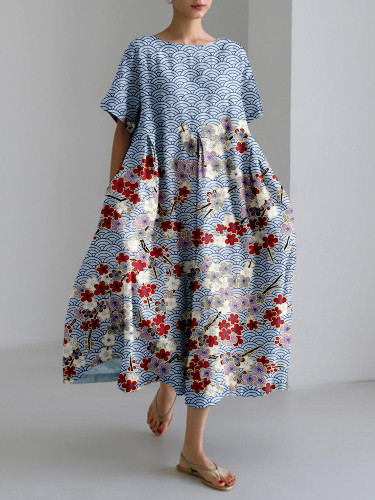 Japanese Plum Blossom Art Linen Blend Maxi Dress