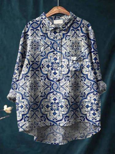 Women's Watercolor Blue And White Porcelain Print Casual Cotton And Linen Shirt