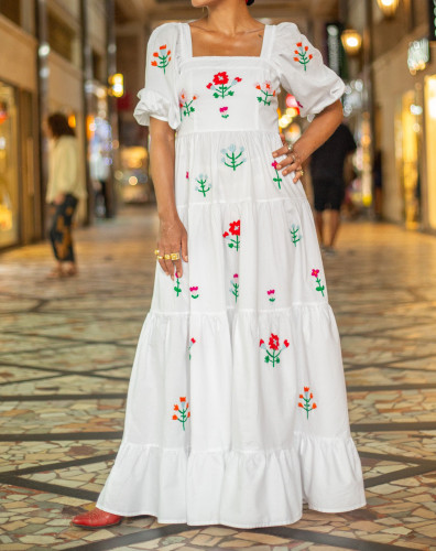 Holiday Puff Sleeve Floral Embroidered Beach Dress