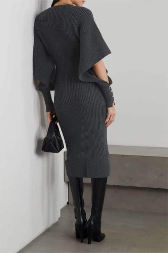 Knit Solid V-Neck Midi Dress