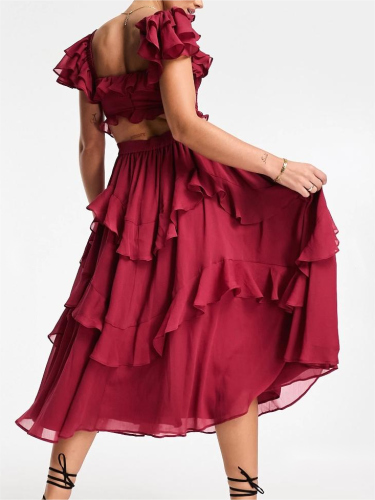 Flutter Sleeve Ruched Corset Detail Tiered Midi Dress In Berry