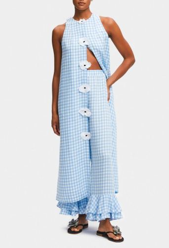 The Bloom Maxi Linen Vest Dress in Blue Vichy
