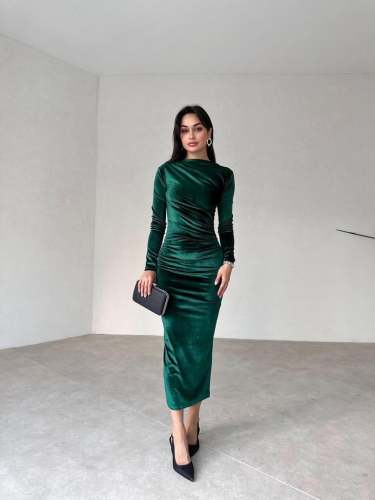 Long-Sleeve Velvet Midi Dress