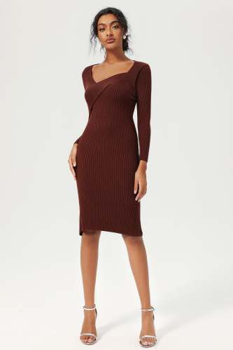 Long Sleeve Knit Midi Dress Brown