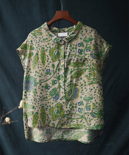 Vintage Floral Print Cotton and Linen Casual Shirt