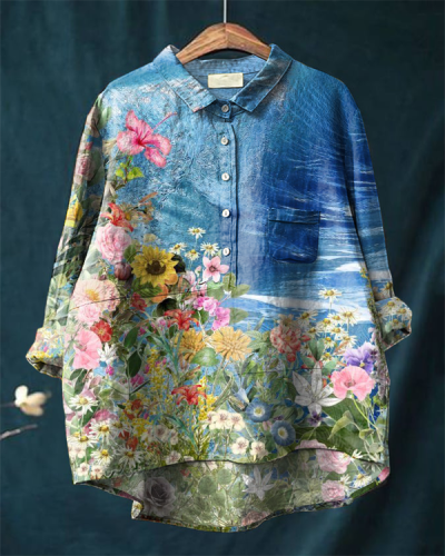 Holiday Floral Print Casual Cotton and Linen Shirt