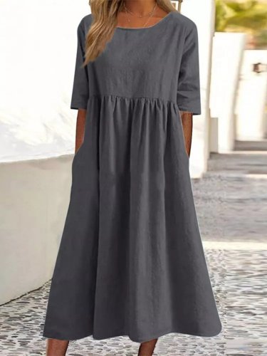 5-quarter Sleeve Casual Loose Solid Color Cotton and Linen Dress