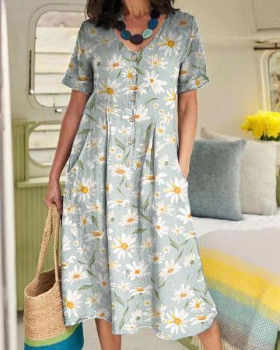 Women's Daisy Floral Print Linen Pocket Tunic Dress