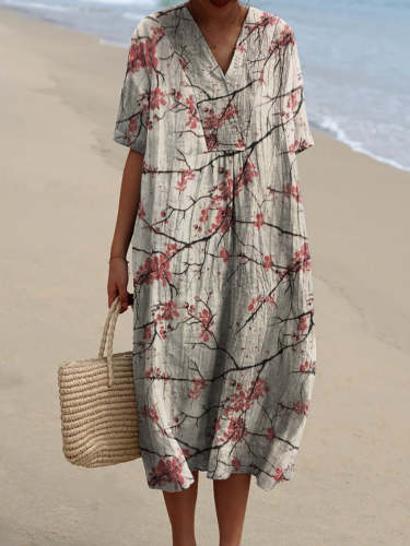 Women's Plum Blossom Print Pocket Linen Dress