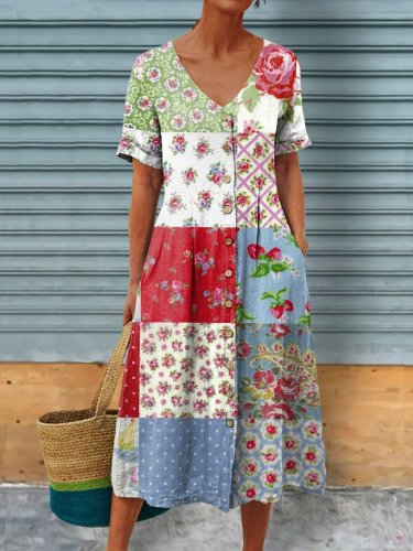 Women's Vintage Elegant Floral Art Pattern Print Casual Linen Pocket Tunic Dress