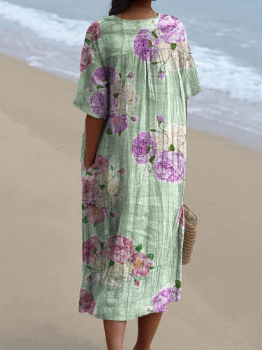 Women's Purple Floral Pattern Beach Resort Dress
