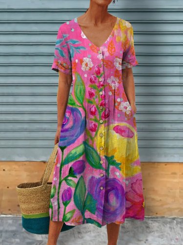 Bright Colours Floral Prints Womens Linen Pocket Tunic Dress