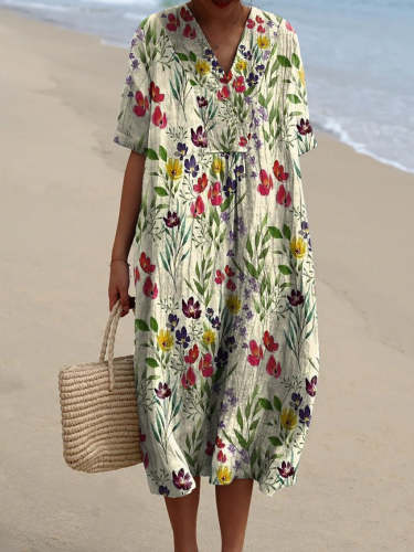 Women's Colorful Flower Print Pocket Linen Dress