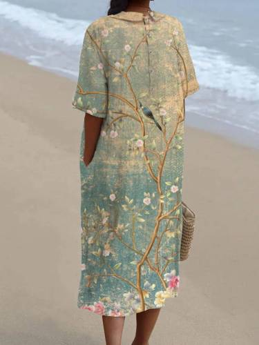 Women's Flower Bird Linen Dress（Convertible Dress With Front And Back Option）