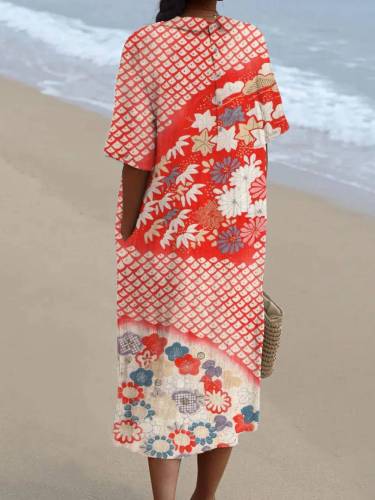 Women's Japanese Art Sakura Print Pocket Linen Dress（Convertible Dress With Front And Back Option）
