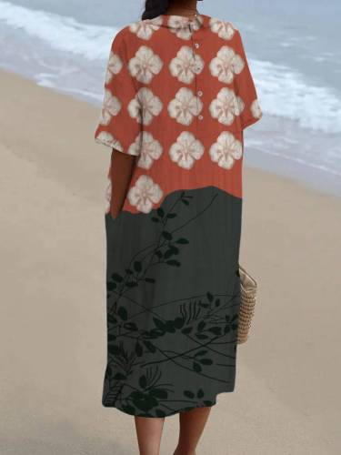 Women's Japanese Art Flower Print Pocket Linen Dress（Convertible Dress With Front And Back Option）