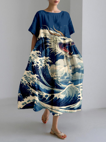 Japanese Waves & Dragon Art Linen Blend Maxi Dress
