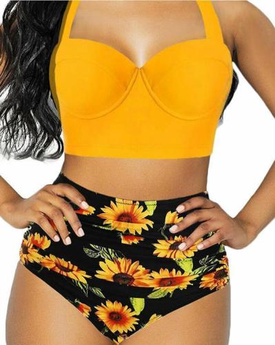 Plus Size Sunflower Print Bikini Set