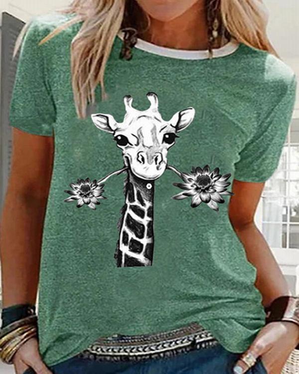Crew Neck Printed Cotton-Blend Short Sleeves Tops