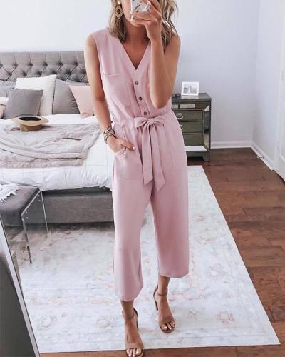 Solid Pink Jumpsuits Pockets Button Sash Rompers