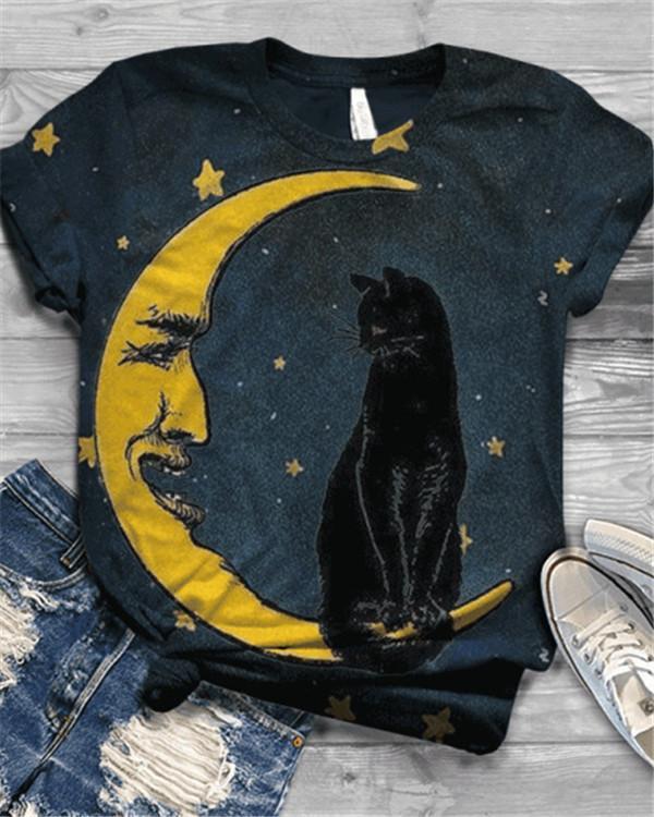 Plus Size Cat Printed Vintage Short Sleeve Crew Neck Shirts & Tops