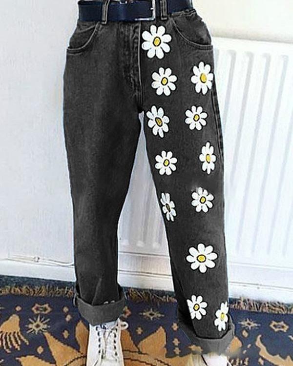 Casual Floral Print Loose Long Denim Pants Jeans