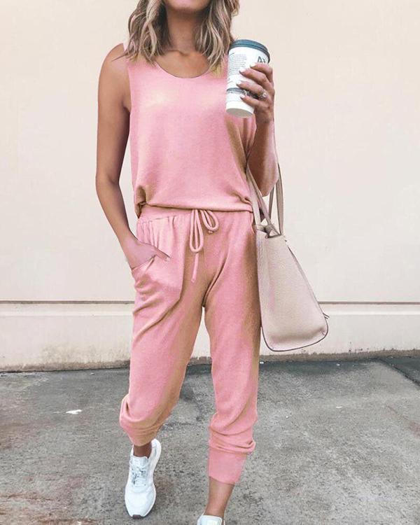 Casual Solid Self-tie Paneled Pockets Sleeveless Jumpsuit