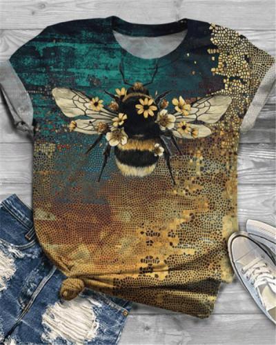 Bee Printed Short Sleeve Crew Neck Shirts & Tops