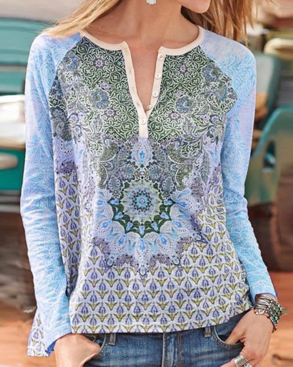 Buttoned Printed Casual V-neck Blouses