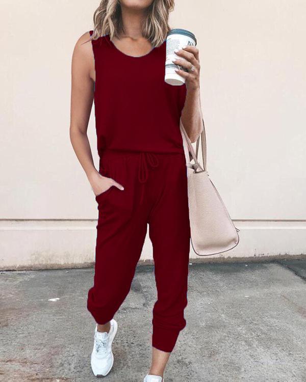 Casual Solid Self-tie Paneled Pockets Sleeveless Jumpsuit